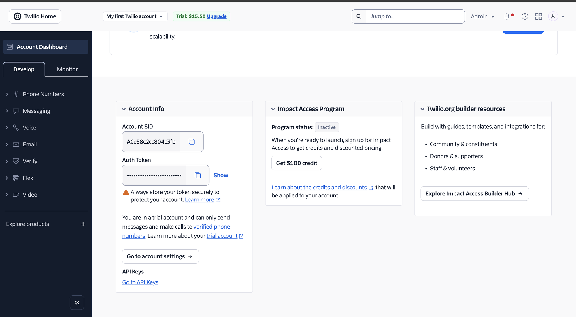Twilio Account Dashboard showing Account SID and Auth Token